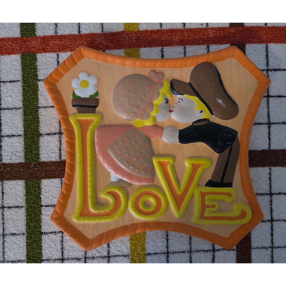 Vintage 1976 Handmade Ceramic Love Wall Plaque Kissing Couple Folk Art Decor 6.5